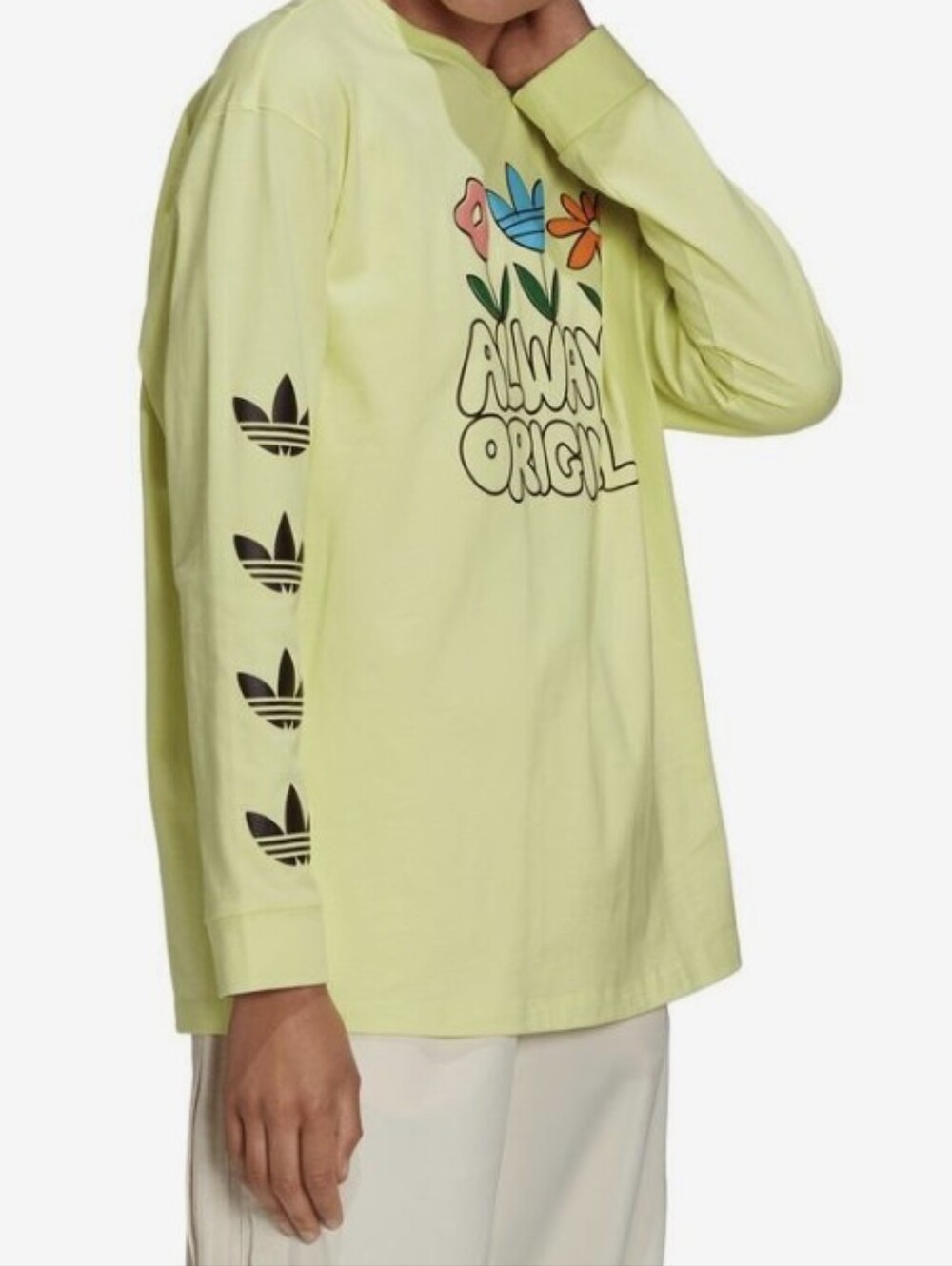 adidas Originals Always Original Floral Graphic Long Sleeve Tee XS Oversized Yel